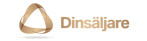 En stiliserad, metallisk brun triangulär logotyp med böjda kanter och korsande linjer är till vänster. Ordet "Dinsäljare" i matchande brunt modernt typsnitt finns till höger. Hela bilden har ett elegant, modernt utseende på en vit bakgrund.